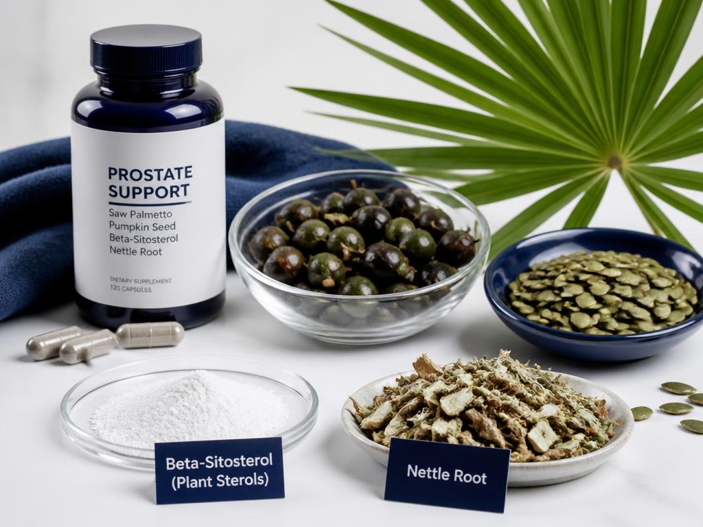 Saw palmetto berries, pumpkin seeds, beta-sitosterol plant sterol powder and nettle root beside a prostate supplement bottle