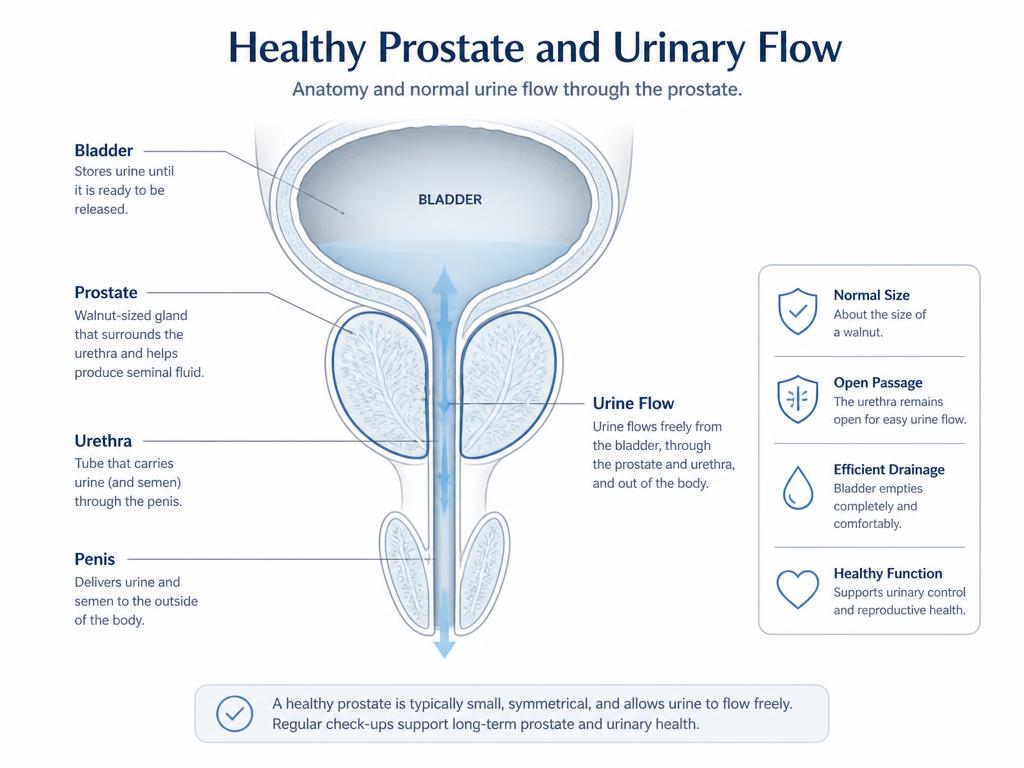 Diagram of a healthy prostate gland showing normal urinary flow from the bladder through the urethra